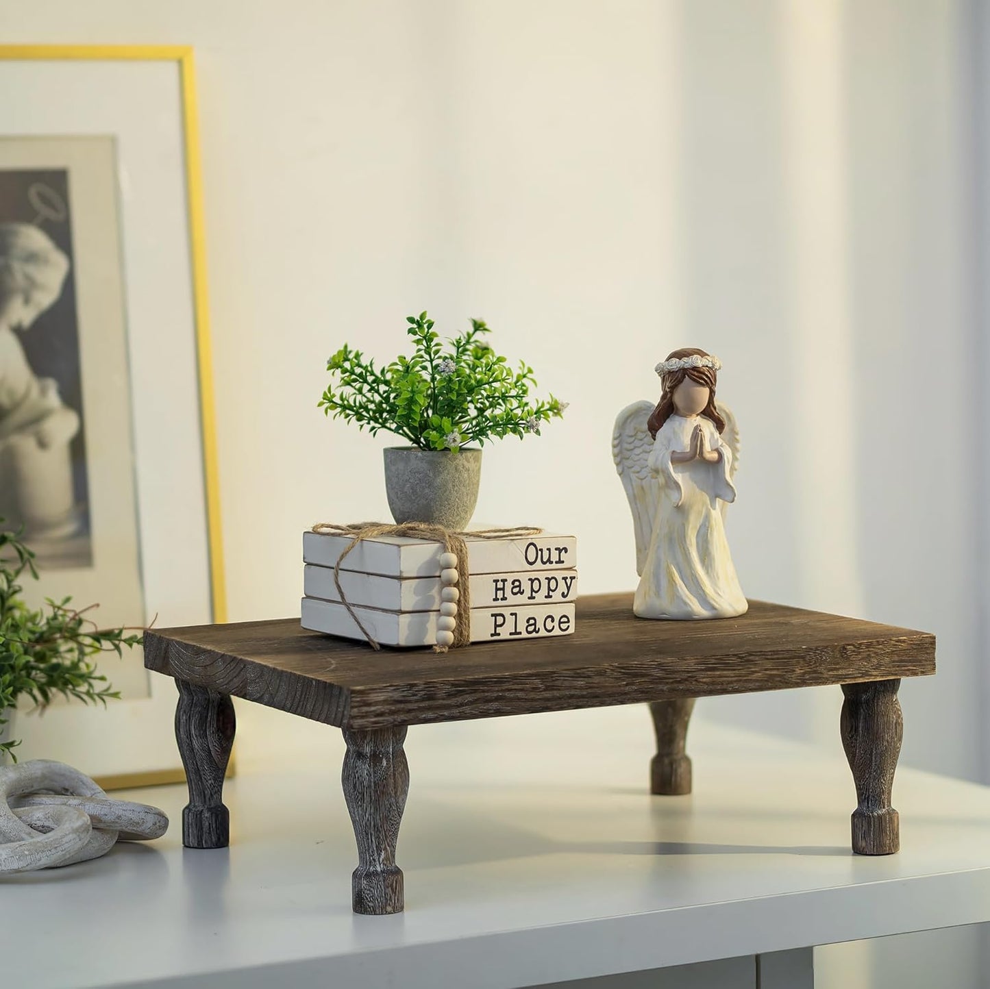 Wooden Riser Decorative Tray / Distressed / Rustic Brown