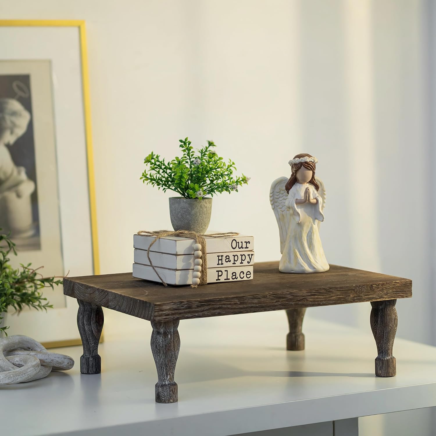 Wooden Riser Decorative Tray / Distressed / Rustic Brown