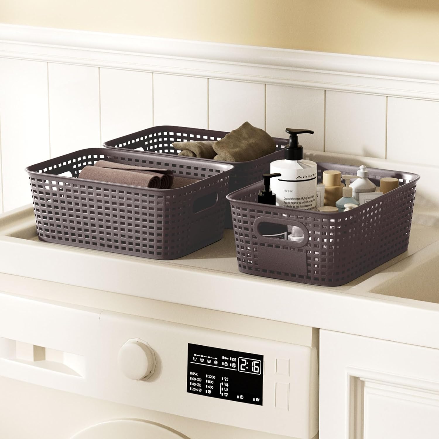 Storage Bins / Stackable Plastic Storage Basket / Brown / Set of 6