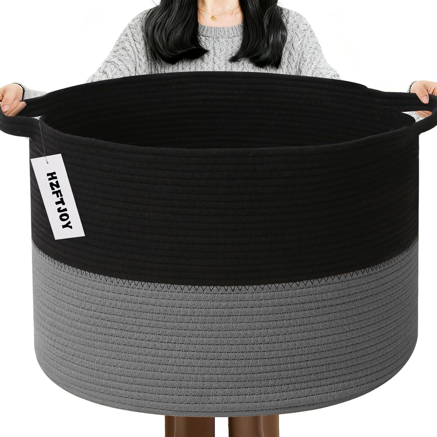 65L Large Blanket Basket,Woven Rope Laundry Basket-Black&Dark Grey