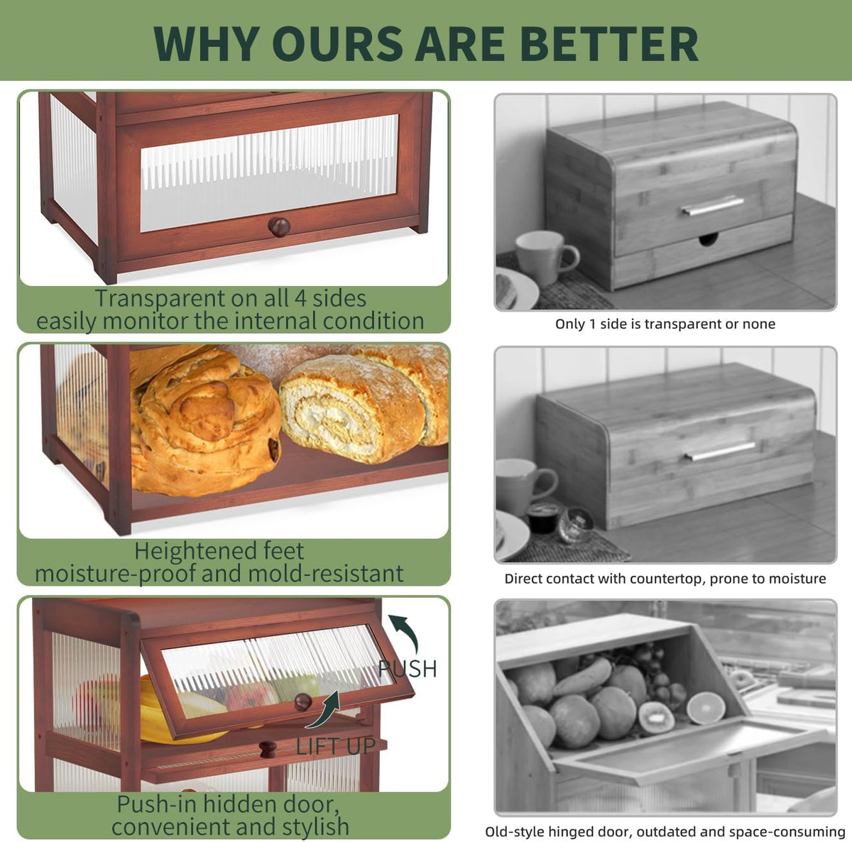 BAMBANG Extra Large Bamboo Bread Box for Kitchen Counter, Double Layer Bread Storage Container Farmhouse Bread Box with