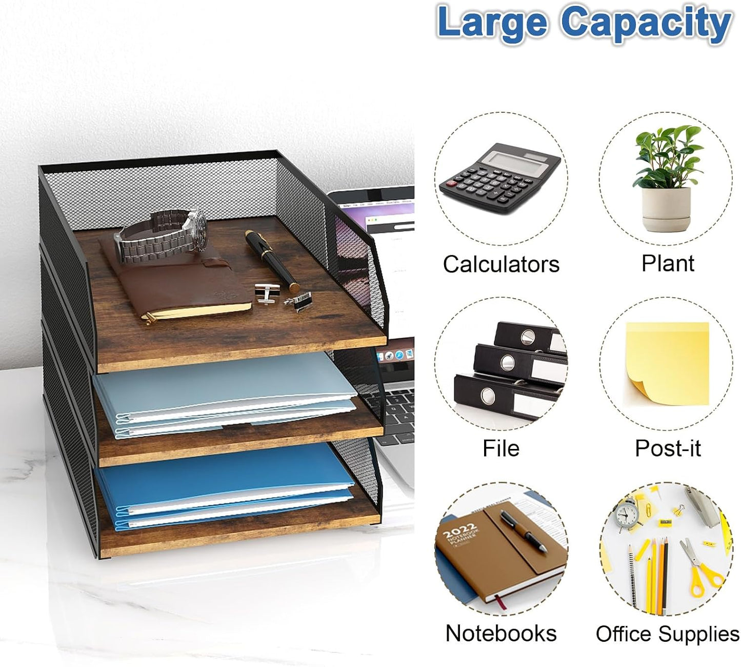Natwind 3-Tier Stackable Metal Mesh Paper Organizer with Sliding Tray,Retro | Wooden Desk Organizer, Letter Tray For