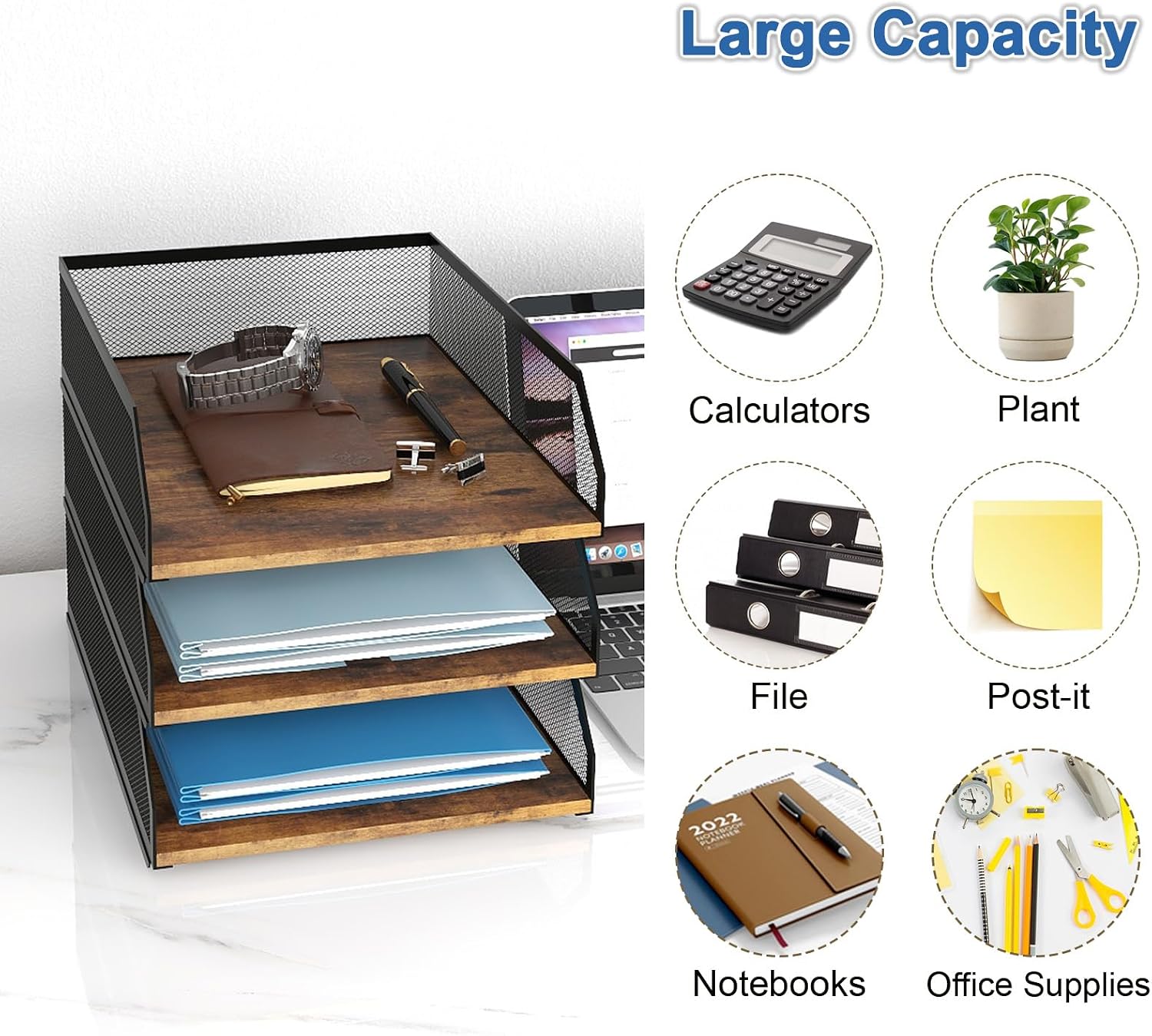 Natwind 3-Tier Stackable Metal Mesh Paper Organizer with Sliding Tray,Retro | Wooden Desk Organizer, Letter Tray For
