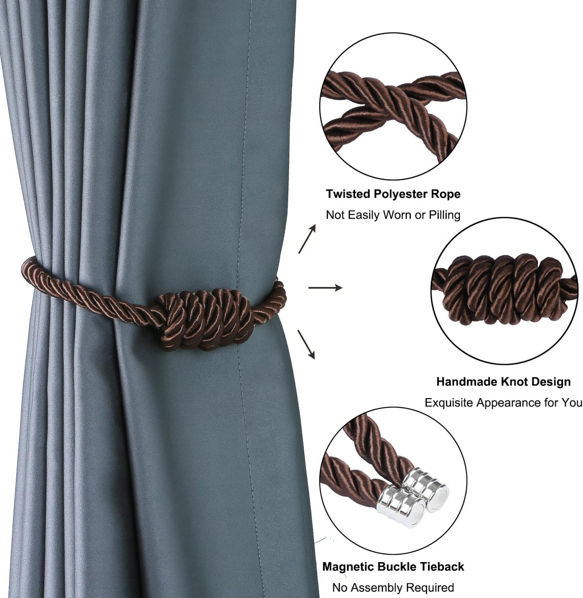 BEL AVENIR Magnetic Curtain Tiebacks 6 Pack Hand-Woven Curtain Ties | Coffee Decorative Curtain Holdbacks Bohemian