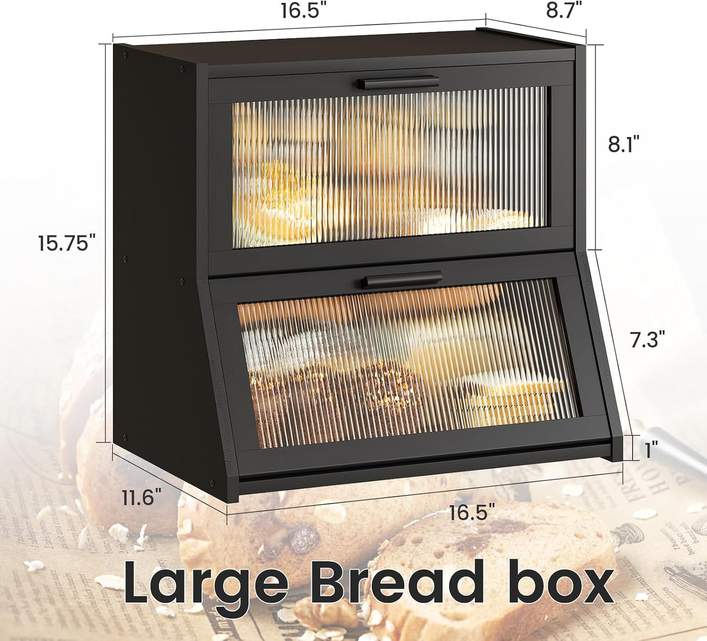 GHWIE Double Layer Bamboo Bread Box for Kitchen Counter,Large Capacity Storage Bin with Acrylic Wavy Door Panel (Black