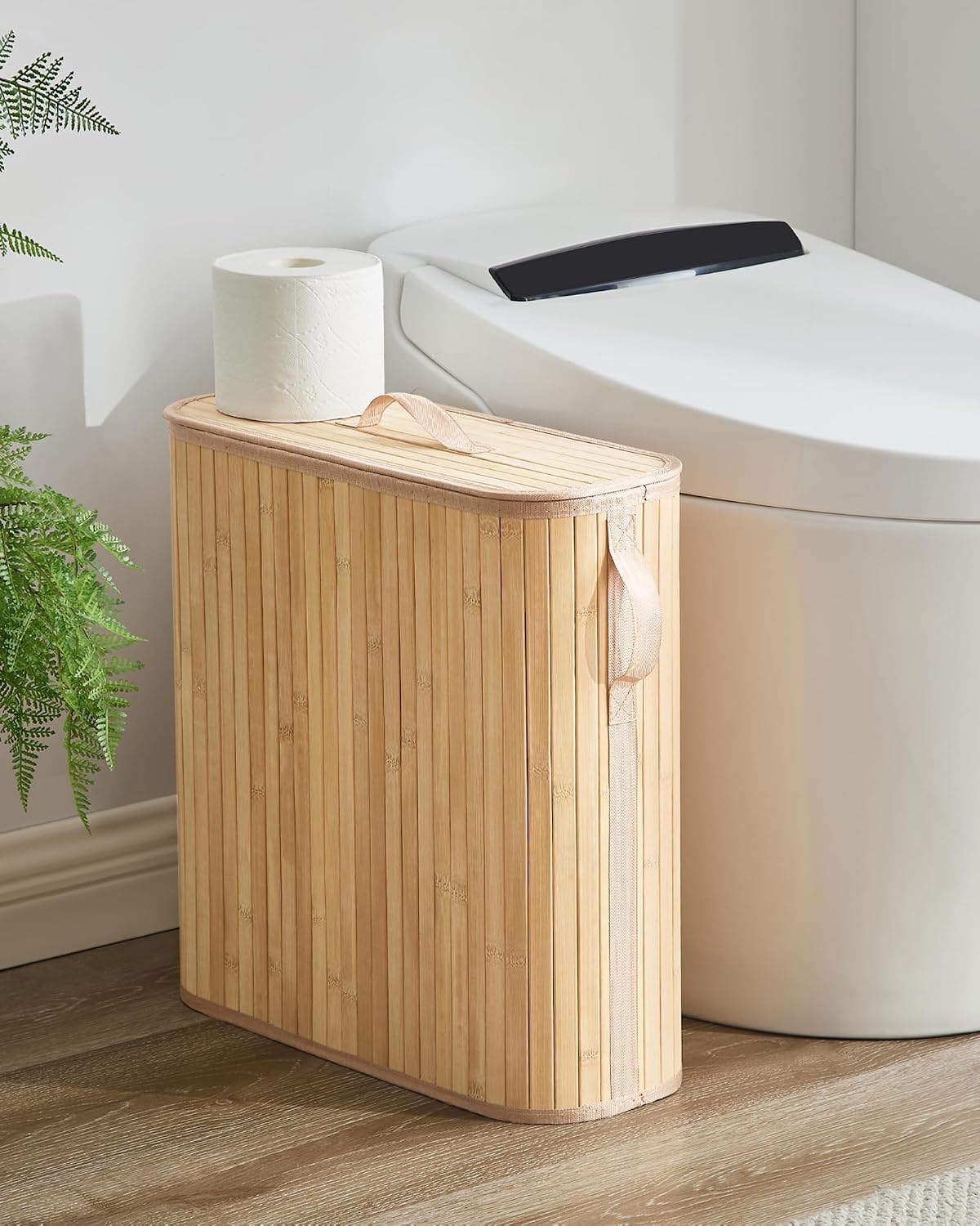 Bamboo Toilet Paper Storage Basket with Lid & Handle - 32L Large Capacity Handwoven Bathroom Organizer for 16 Rolls