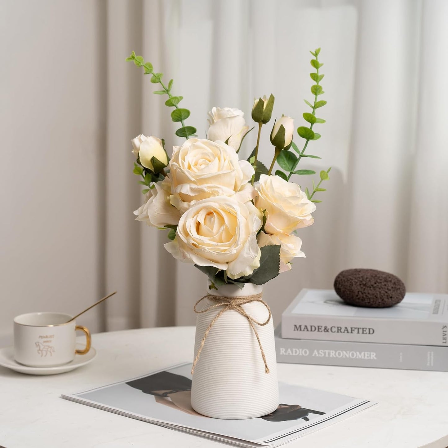 Eucalyptus Stems in Ribbed Texture Ceramic Vase / White