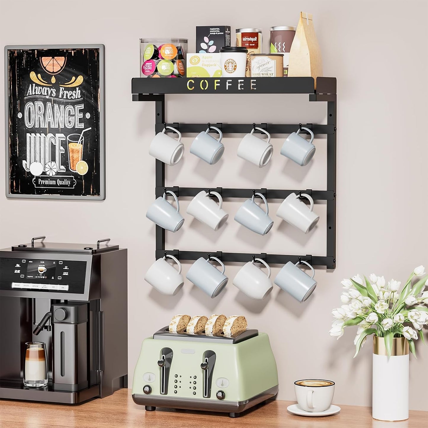 RCHYFEED Coffee Mug Holder Wall Mounted,Metal Mug Rack with 12 Movable Hook | Coffee Cup Holder with Large Storage