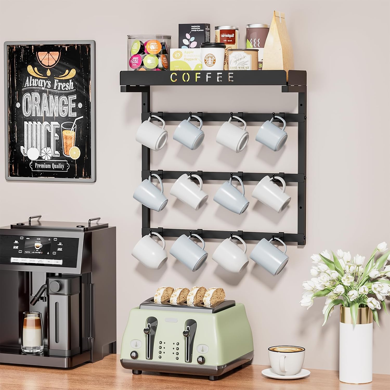 RCHYFEED Coffee Mug Holder Wall Mounted,Metal Mug Rack with 12 Movable Hook | Coffee Cup Holder with Large Storage
