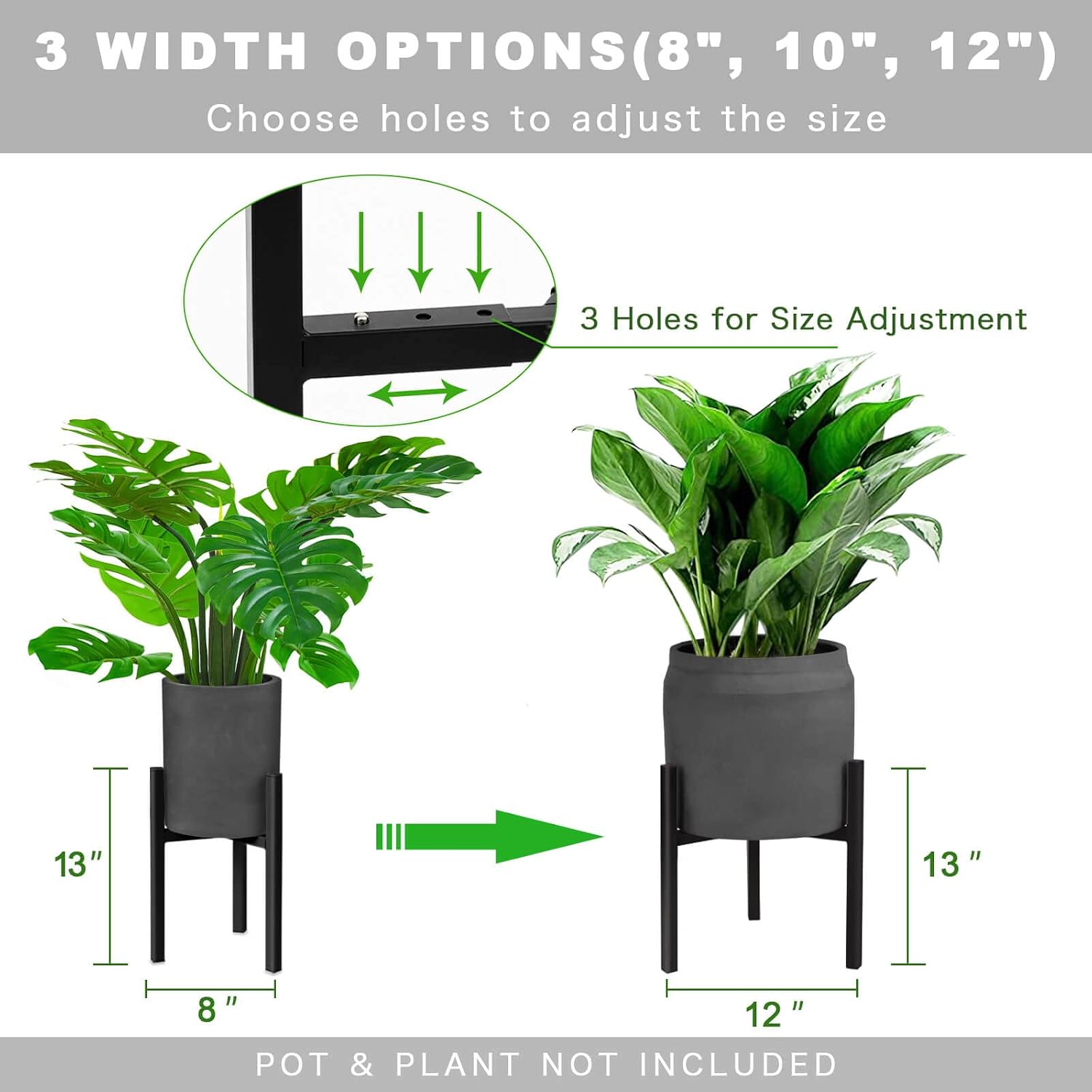 2 Pack Adjustable Plant Stand, Metal Planter Stands Indoor Outdoor, Mid Century Modern Plant Holder, Fit 8 10 12 inch