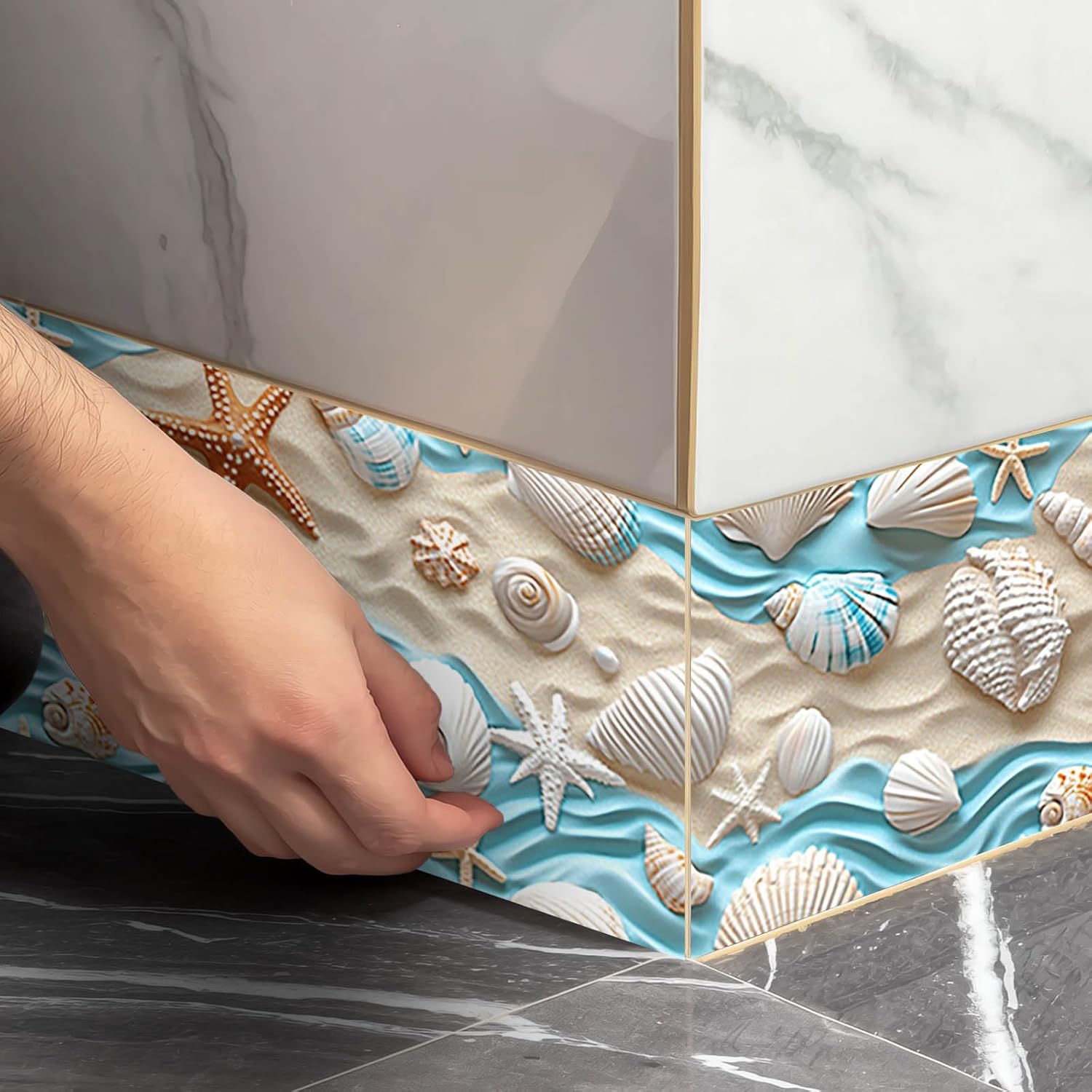 Gold Seashell Starfish Sand Peel and Stick Wallpaper Border Self / Seashells Sand / Blue / 4 x 196