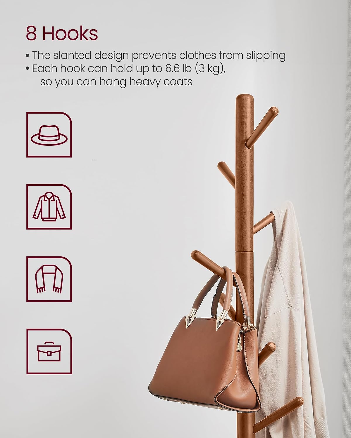 VASAGLE Solid Wood Coat Rack, Free Standing, Tree-Shaped, with 8 Hooks | Coat Tree，3 Height Options, for Clothes, Hats