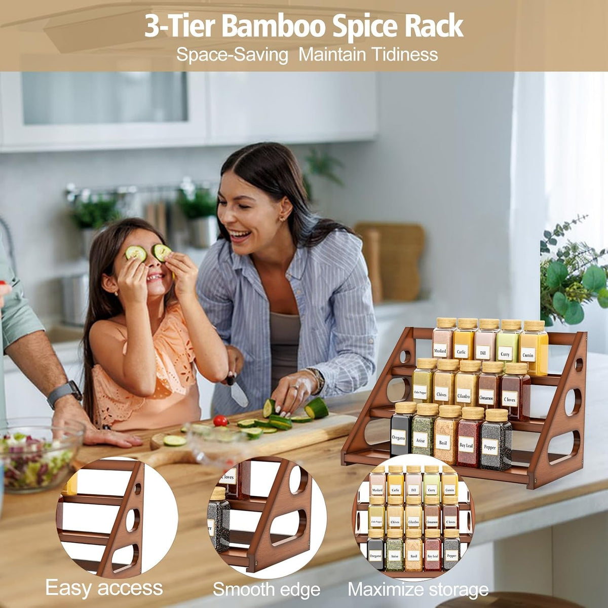 Spice Rack - Tiered Spice Rack Organization for Cabinet - 3 Tier Bamboo Display Spice Shelf for Countertop