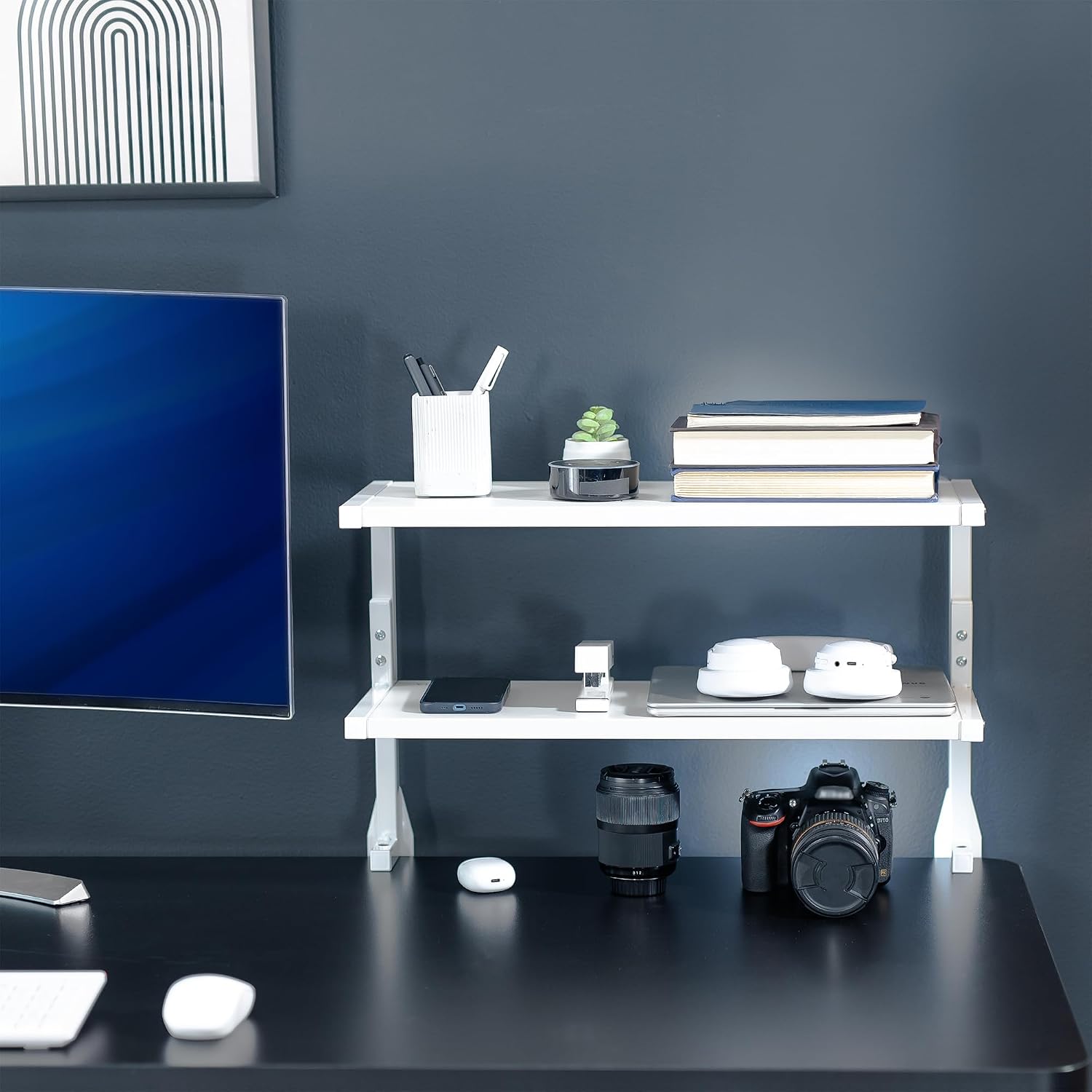 VIVO White Clamp-on 24 inch 2-Tier Desk Shelf, STAND-SHELF24C-W | Above or Below Desk, 2 Level Shelving Unit for Table