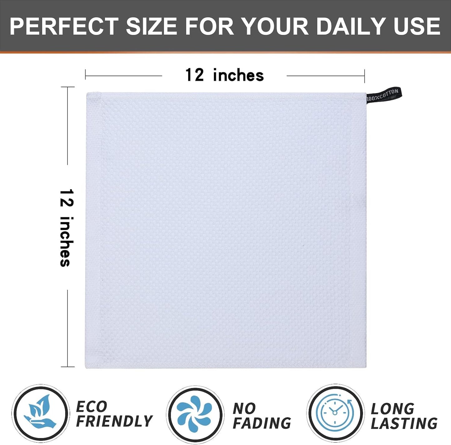 Kitinjoy 100% Cotton Waffle 12-Pack Kitchen Towels, 12" x 12", White | Ultra Absorbent, Super Soft, lightweight, Quick