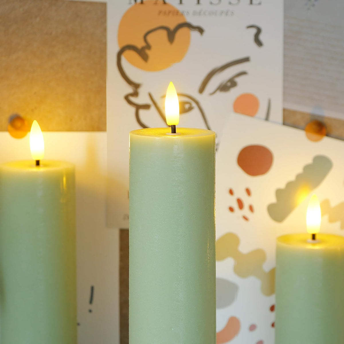 Flickering Flameless Pillar Candles with Remote Control and Cycle Timer,Sage Green Pack of 4 Battery Operated(Powered