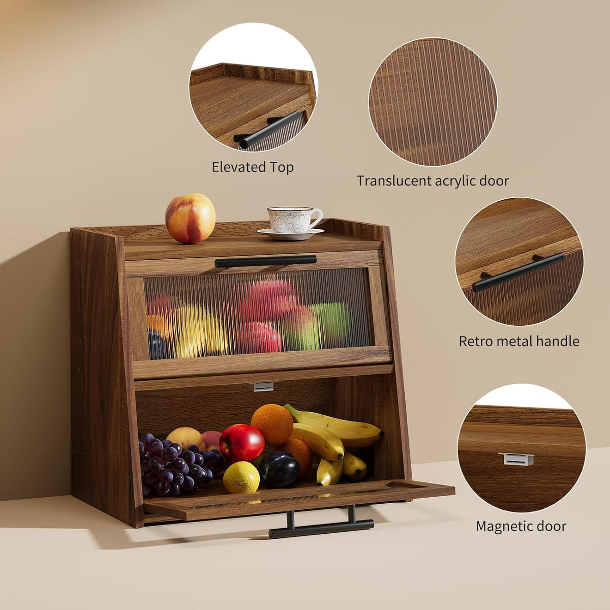 Bread Box for Kitchen Counter,Wooden Double Layer Countertop Bread Storage | Bread Holder Container Bin with Window for