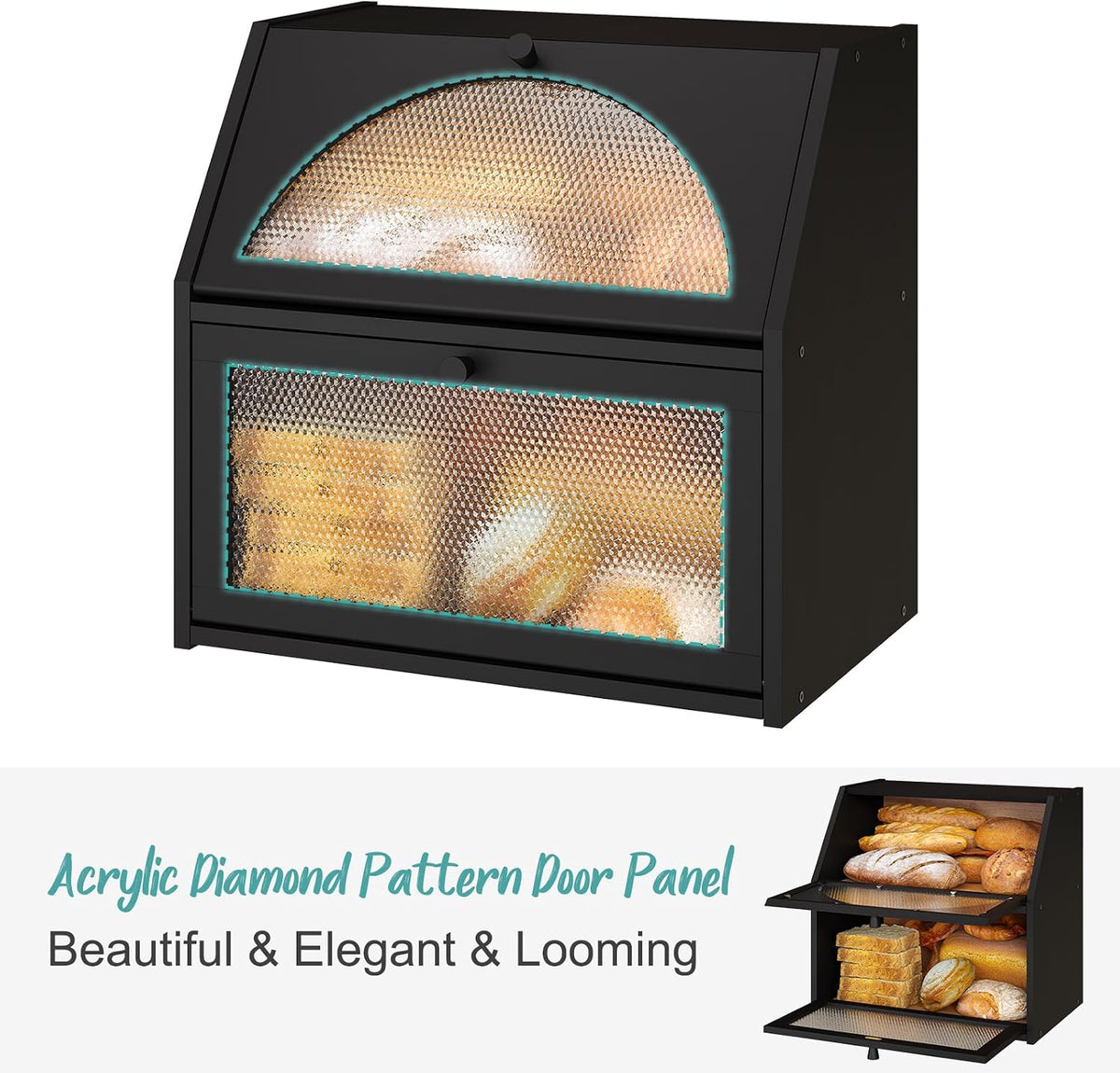 Extra Large Bread Box for Kitchen Counter, Bamboo Wood Double Layer Bread Box for Kitchen Counter, Wooden Capacity