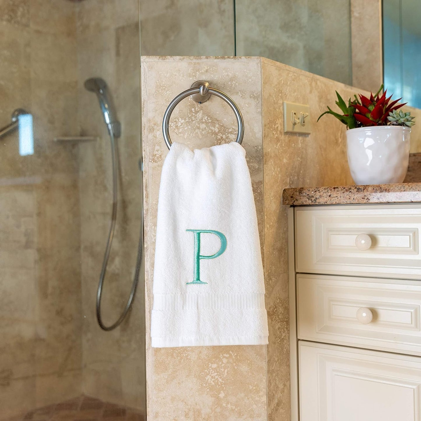 White with Teal Monogrammed Hand Towels for Bathroom - Set of 2 Letter P | Luxury Hotel Quality Initial Towels For