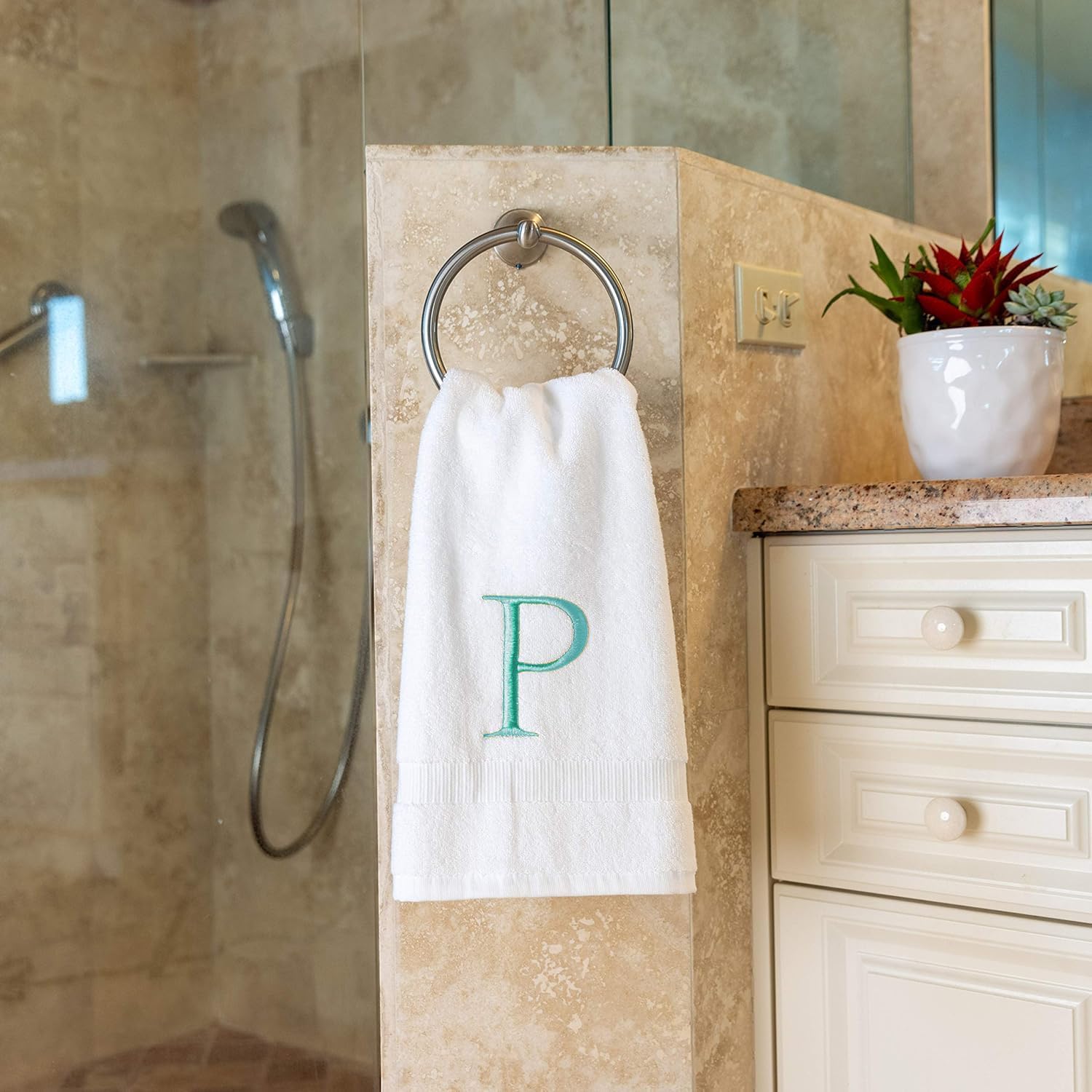 White with Teal Monogrammed Hand Towels for Bathroom - Set of 2 Letter P | Luxury Hotel Quality Initial Towels For