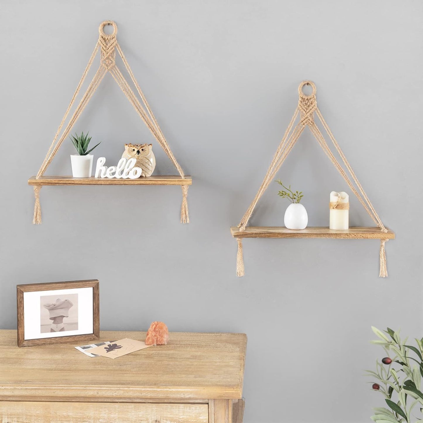 Macrame Hanging Shelves Boho Wall Decor Rustic Wood Floating Storage Shelf / Brown / Set of 2