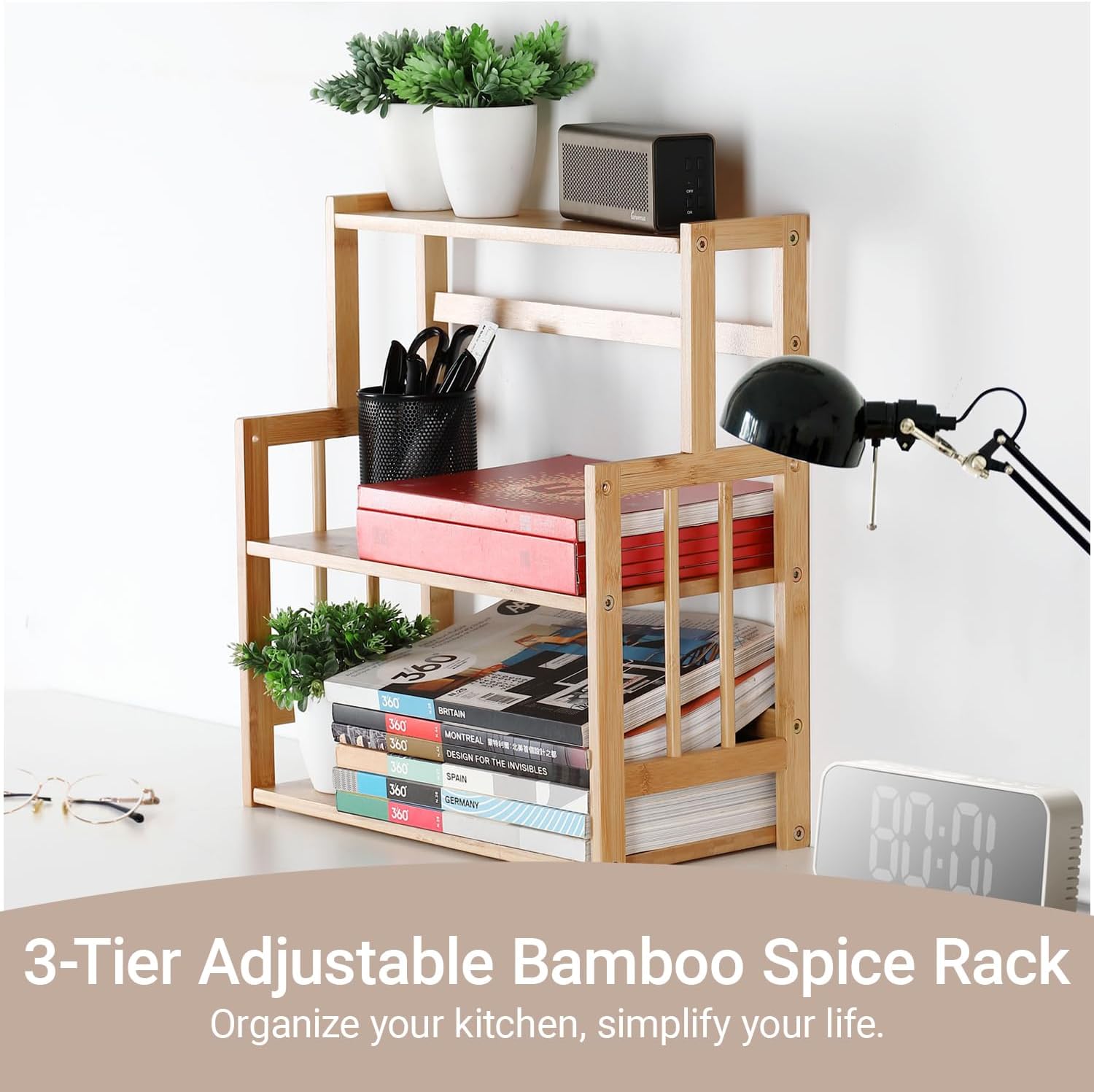 Bamboo Spice Rack 3-Tier Kitchen Countertop Organizer, Adjustable Shelf Pantry Storage Stand for Herbs, Jars, and