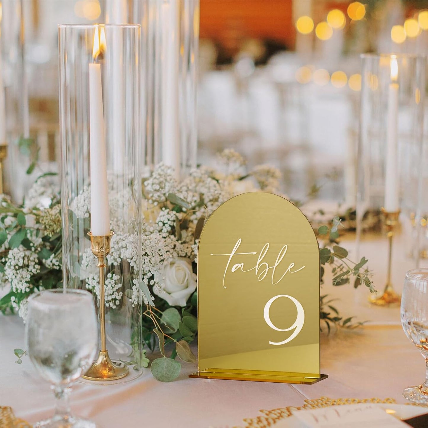 HOODO Gold Mirror Acrylic Wedding Table Numbers 1-10 with Stands, 5"x7" Arched Acrylic Signs and Holders, Gold Mirror