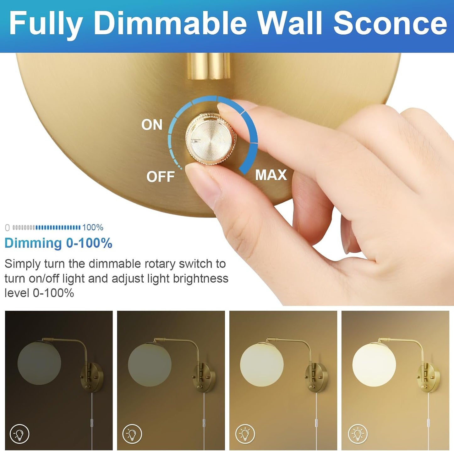 VATONI Dimmable Wall Sconces Plug in, Swing Arm Wall Lights with Plug in Cord and Dimmer On/Off Knob Switch, Dimmable