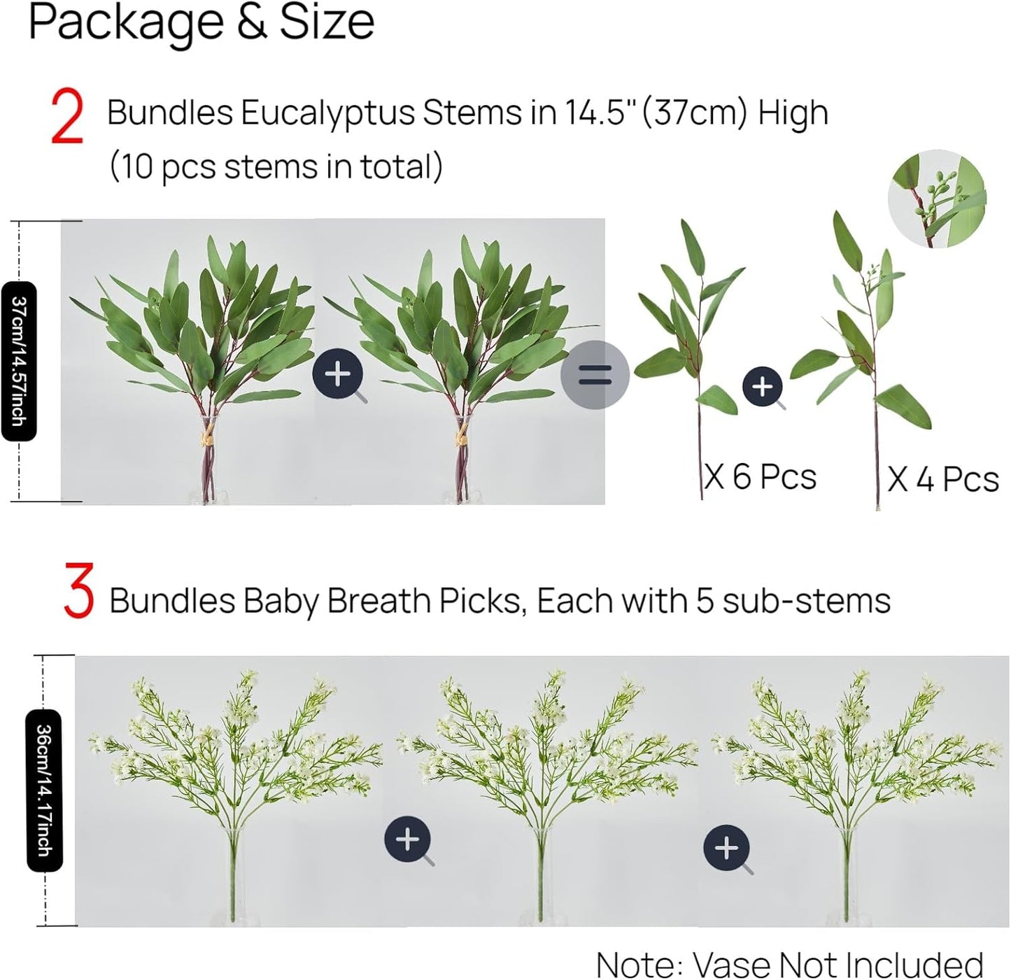Baby’s Breath Artificial Flowers and Mixed Fake Eucalyptus Stems- Real Touch Faux Gypsophila Picks