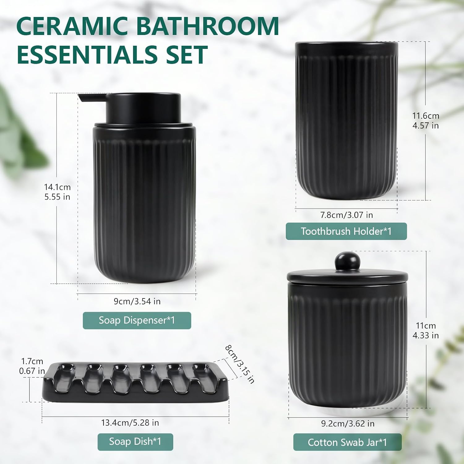 BosilunLife Striped Black Ceramic Bathroom Accessories Set of 4 | Bathroom Decor Sets Accessories Bathroom Lotion Soap