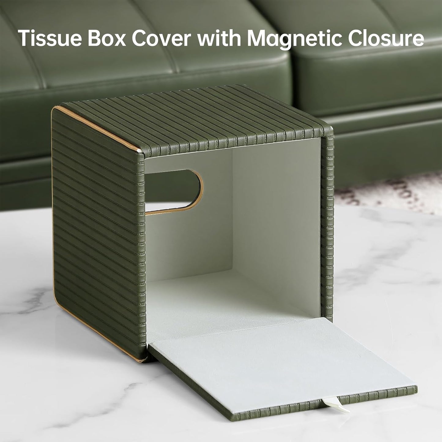 PU Leather Tissue Box Cover Square Tissue Box Holder / Green Fluted