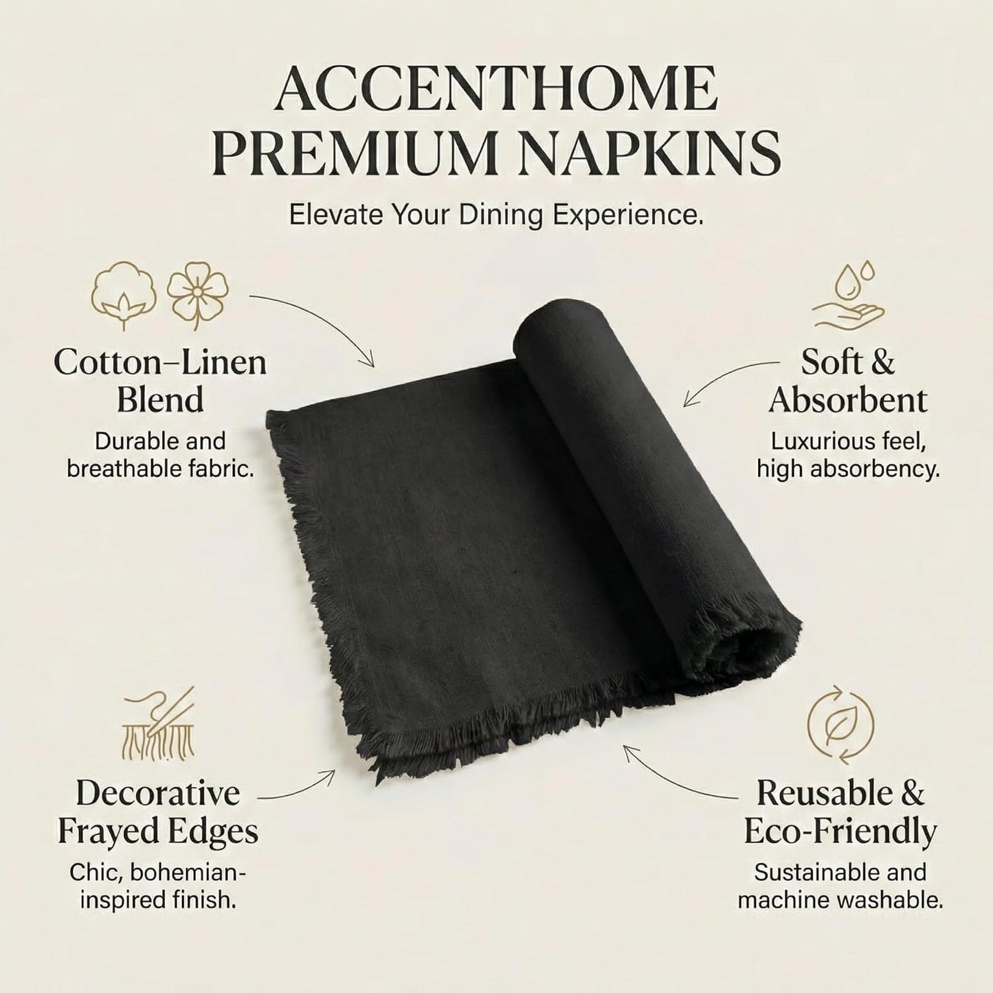 ACCENTHOME Black Cotton Linen Napkin Set of 12 18x18 inch Dinner Napkins | Cotton Linen Blend Napkins, Machine Wash On