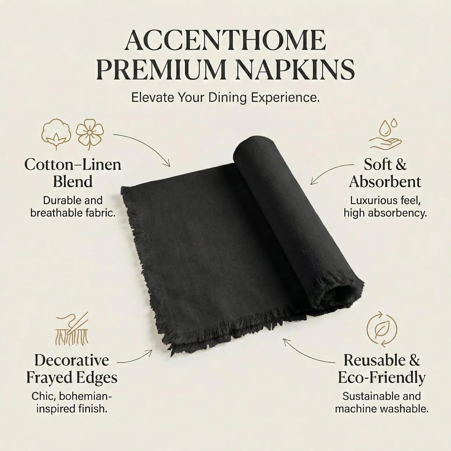 ACCENTHOME Black Cotton Linen Napkin Set of 12 18x18 inch Dinner Napkins | Cotton Linen Blend Napkins, Machine Wash On