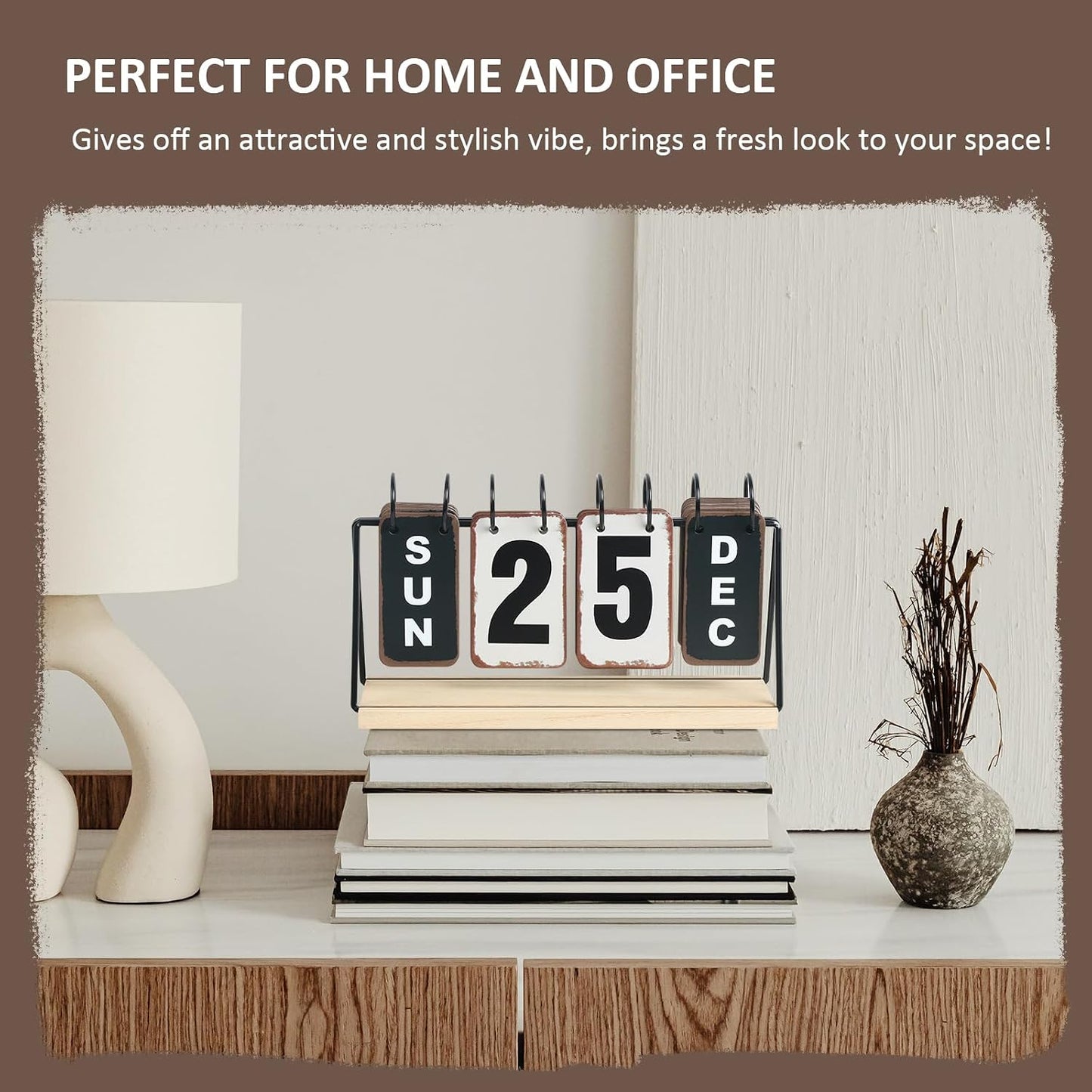Metal Flip Calendar with Wooden Base, Daily Perpetual Desk Calendar with Large Display, Modern Farmhouse Desktop