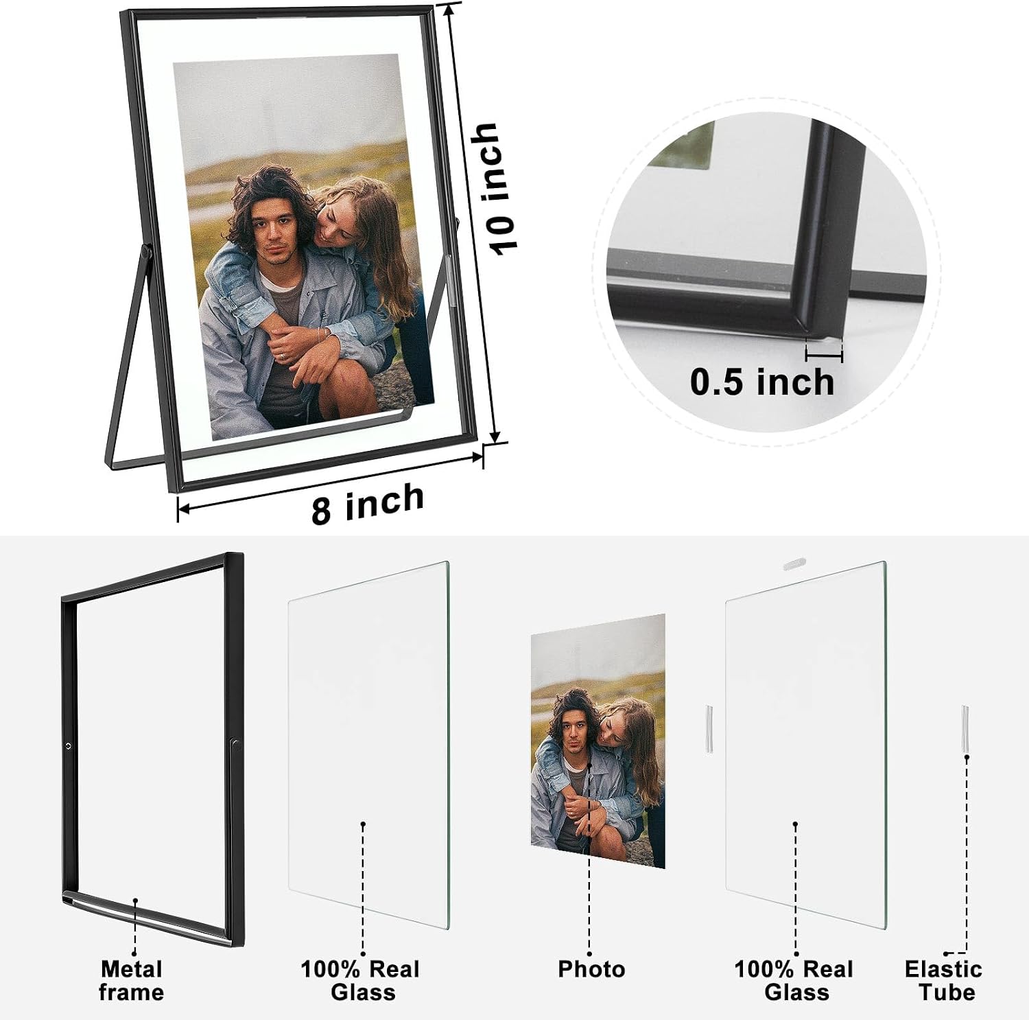 Floating Frames / Double Glass Desktop Picture Frames / Black / 8 x 10 / Set of 2
