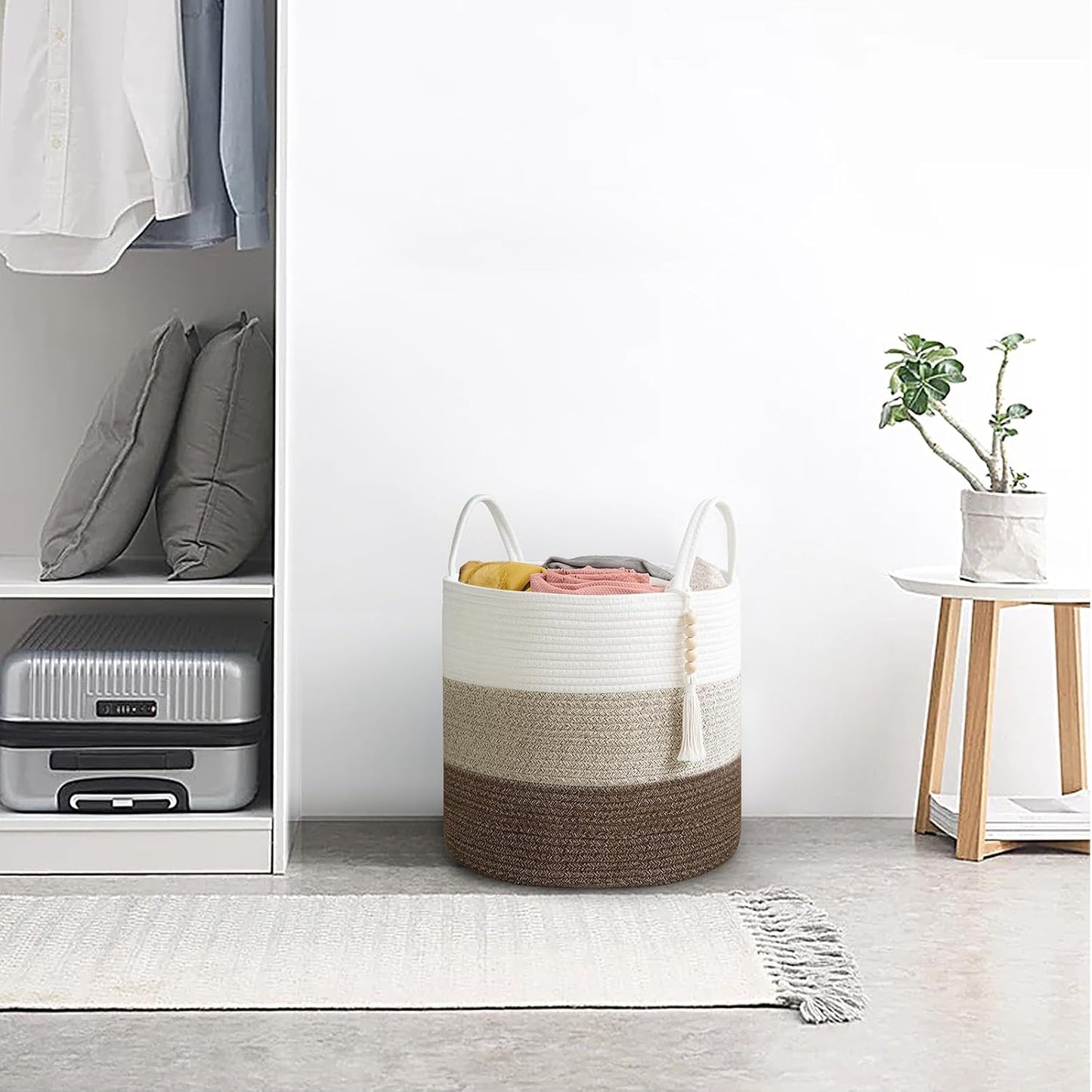 Woven Storage Basket Decorative Natural Rope Basket Wooden Bead / Gradient Brown / 16" W x 13.8"L