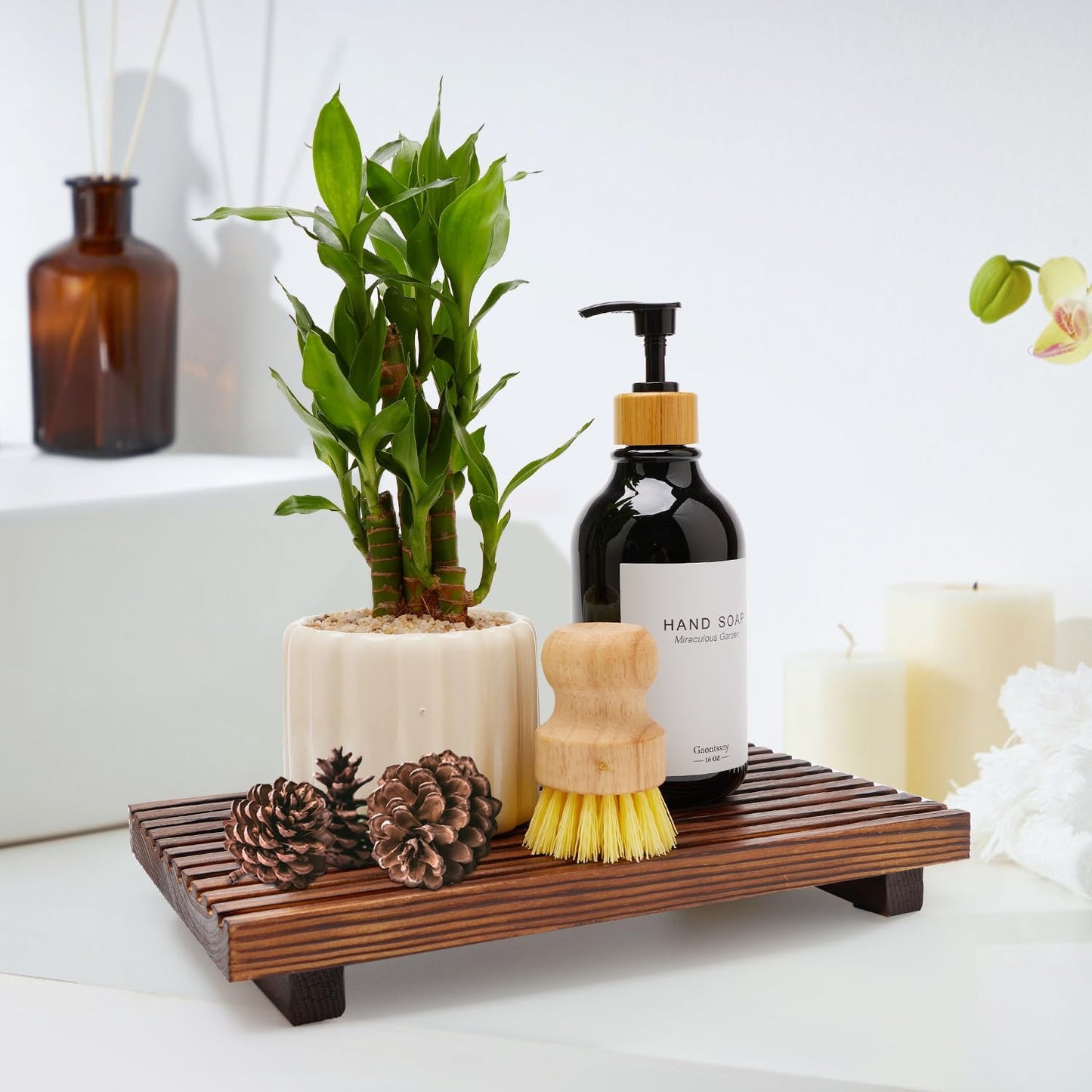 Farmhouse Bathroom Counter Tray Wood Display Pedesta Stand Kitchen Countertop / 12 x 6.7 / Brown