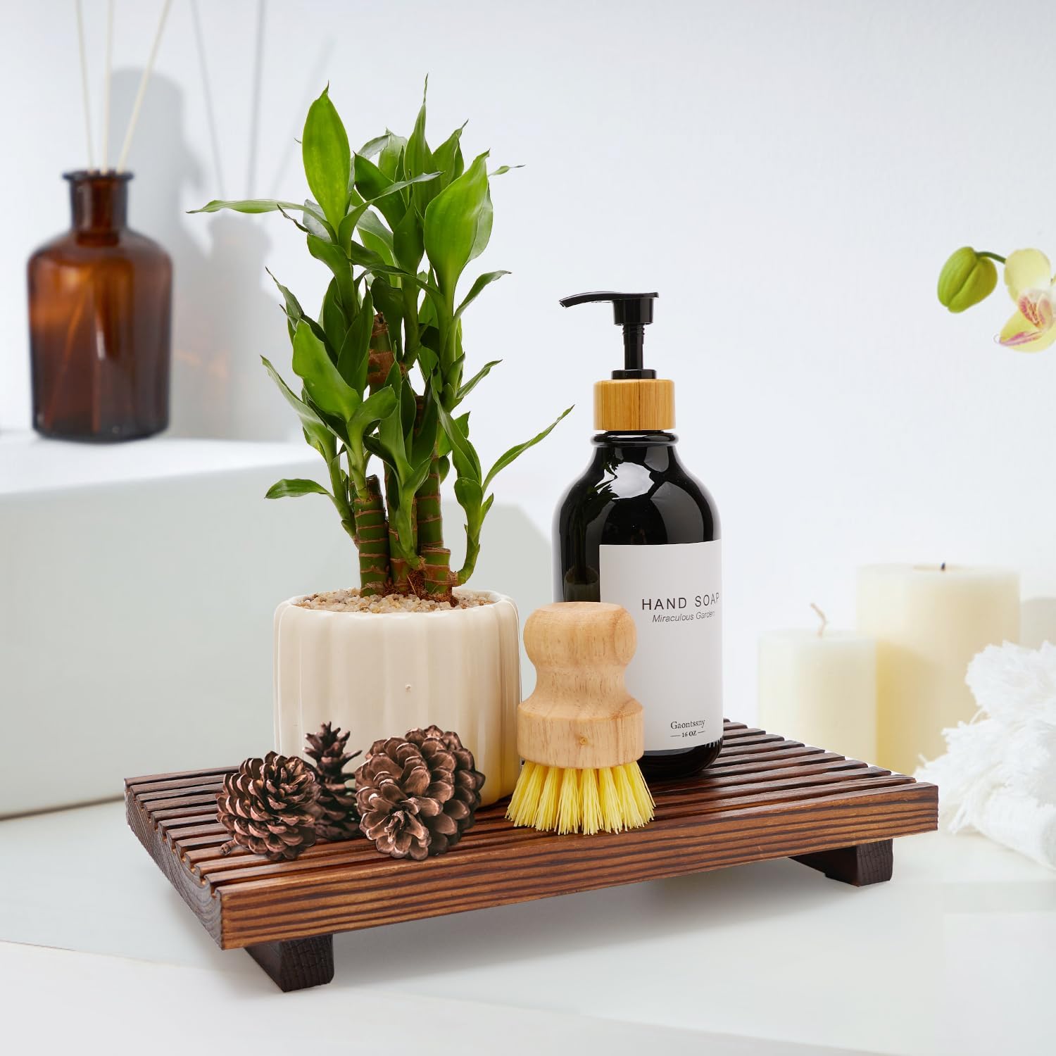 Farmhouse Bathroom Counter Tray Wood Display Pedesta Stand Kitchen Countertop / 12 x 6.7 / Brown