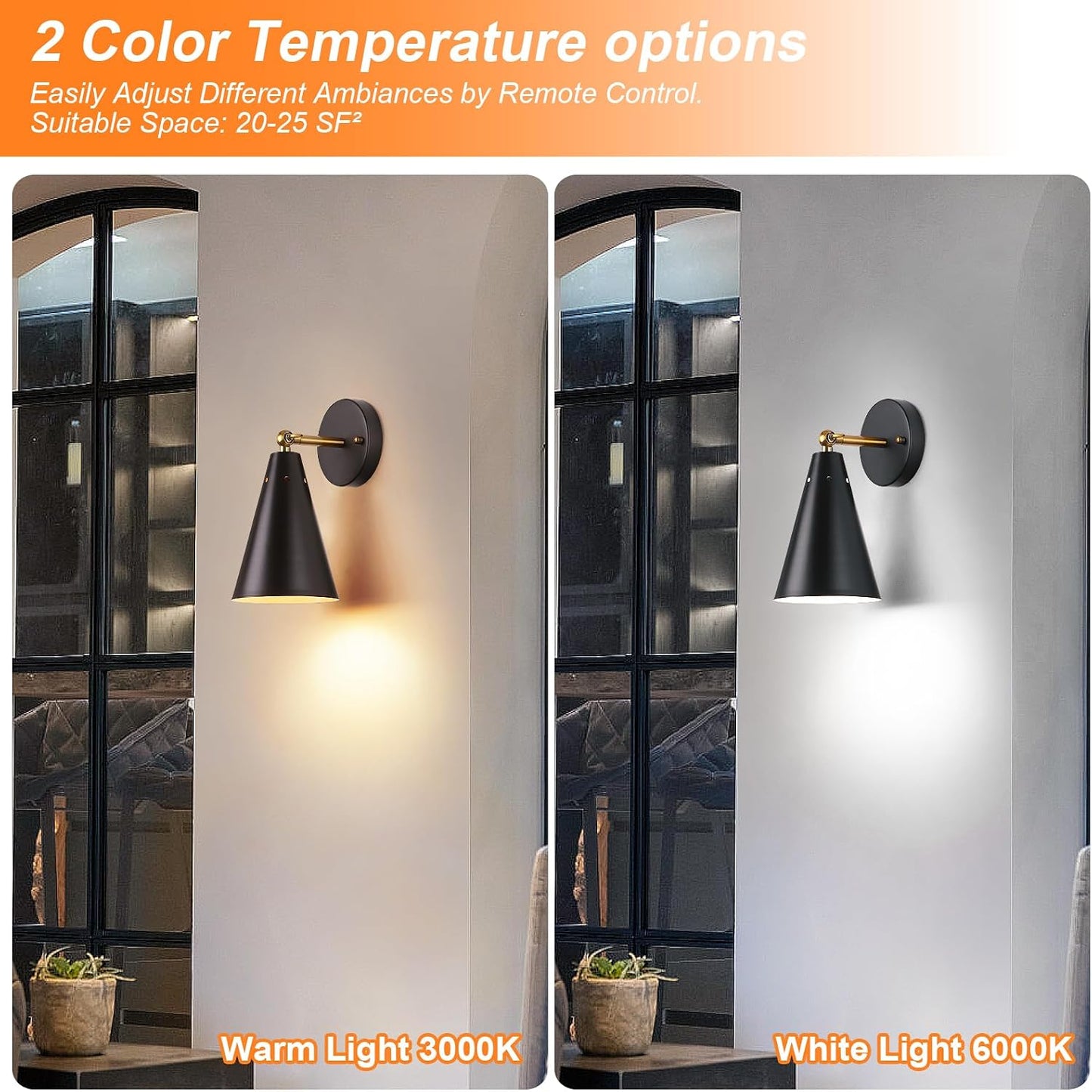 MWZ Black Battery Operated Wall Sconces Set of Two,Wireless Indoor Lighting with Remote Control, Modern Dimmable 2