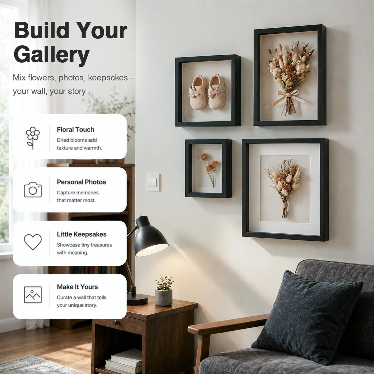11x14 Shadow Box Picture Frame, 4-Pack Linen Back, with Mat, Black | Wooden Display Cases, 3 Ways to Display, Acid-Free