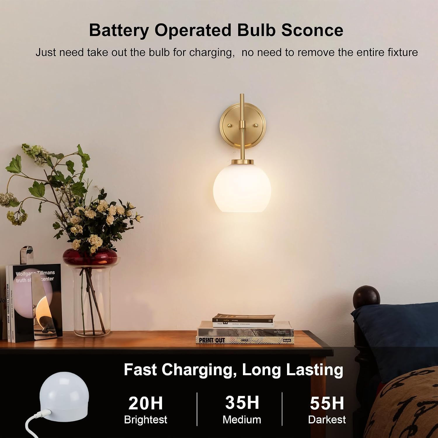 Gold Battery Operated Wall Sconce Set of 2, Wireless Rechargeable Sconces Wall Lighting with Remote Control, LED