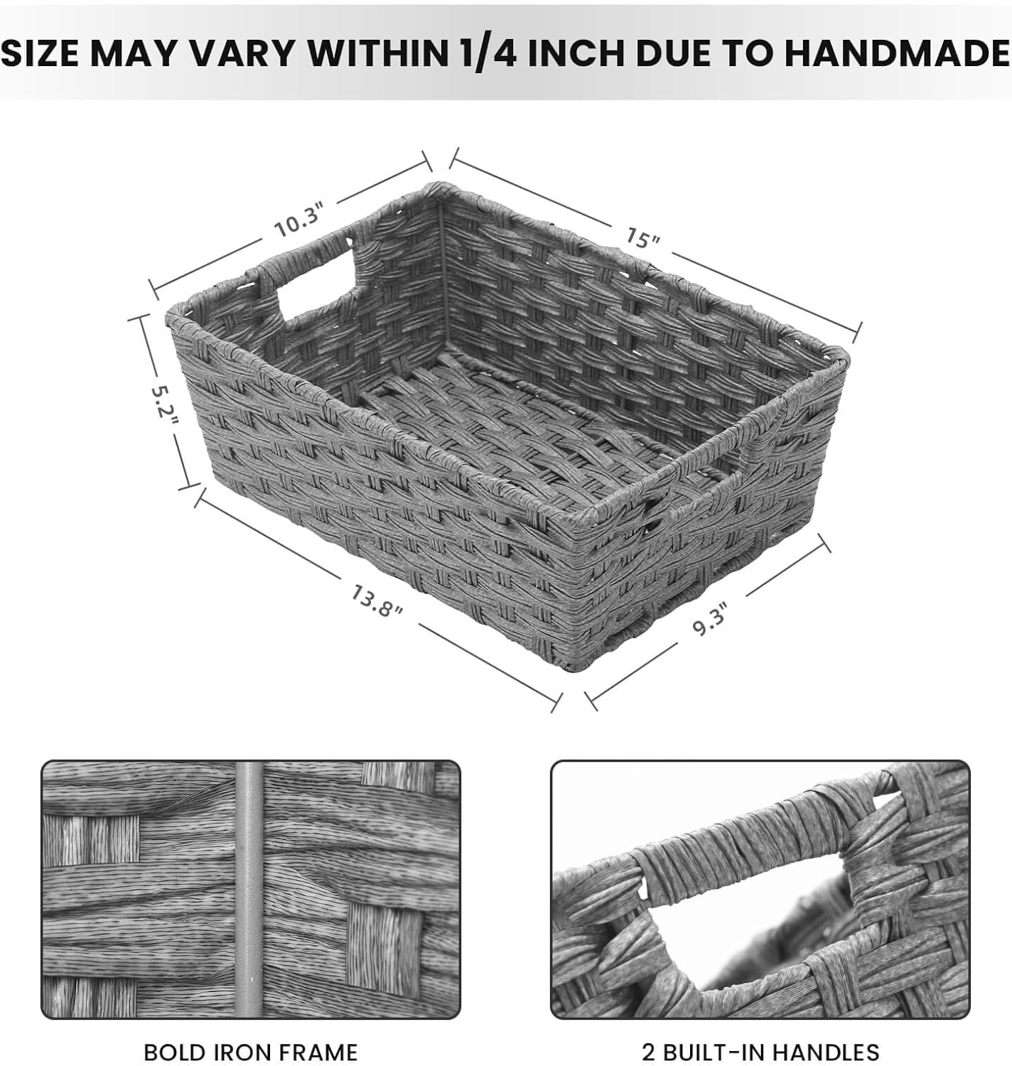 Metal Frame / Large Wicker Storage Basket / 15 x 10.3 x 5.2 / Grey / Set of 2