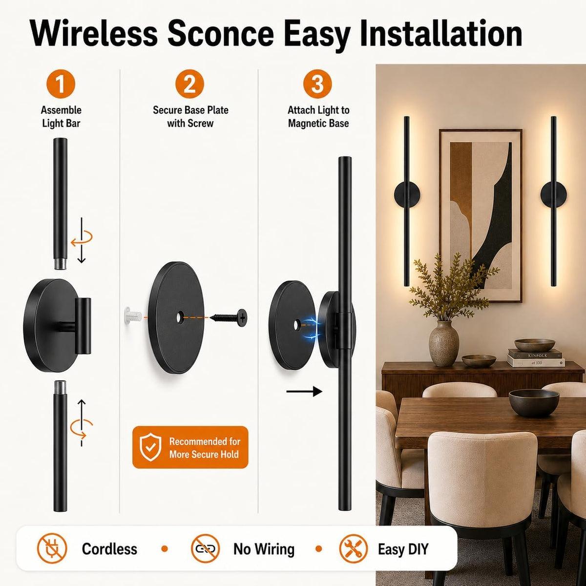 Battery Operated Wall Sconces Set of 2, Remote & Touch Control | 24 Inch Black Rechargeable Wall Light, Wireless