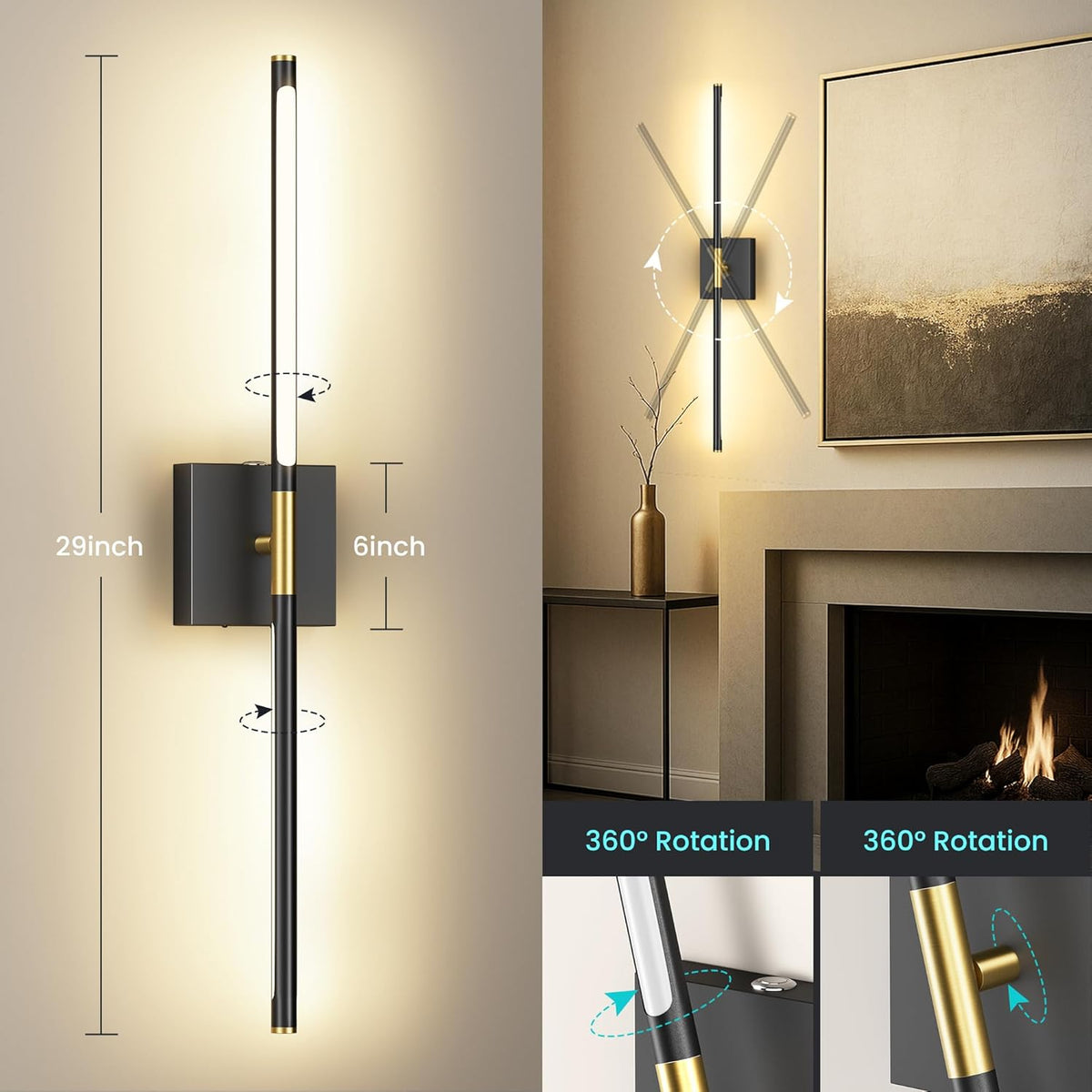 10000mAh Battery Operated Wall Sconces Set of 2, Black Gold-29Inch | 3CCT, Renter Friendly, Rechargeable, Remote, 360°