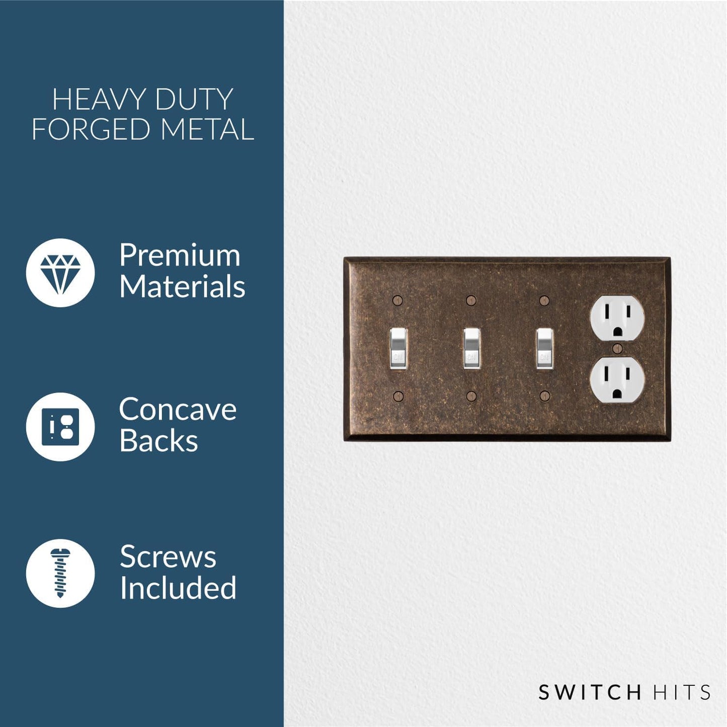 Triple Light Switch Plate Outlet Cover GFCI Wall Plate | 3 Toggle - 1 Duplex Mottled Antique Brass Electrical Faceplate