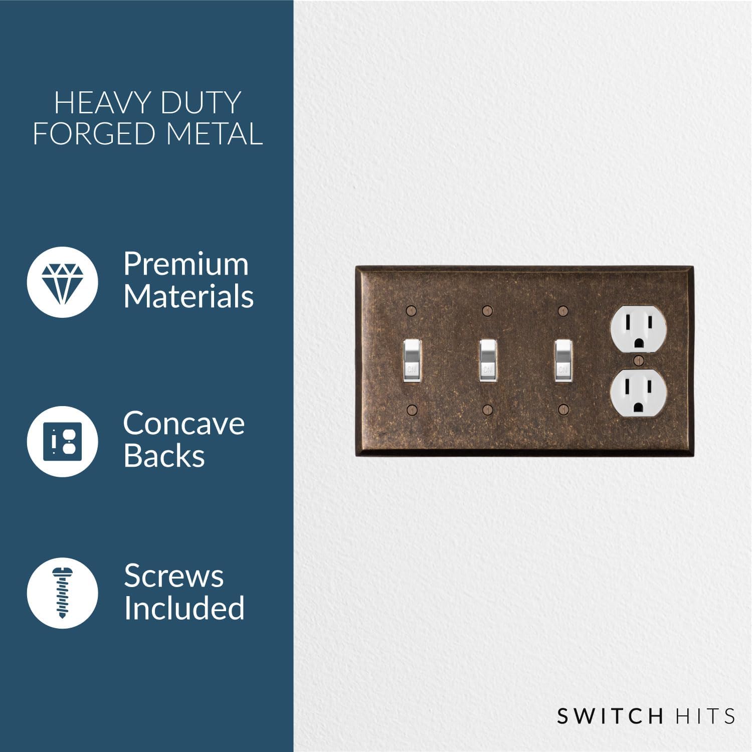 Triple Light Switch Plate Outlet Cover GFCI Wall Plate | 3 Toggle - 1 Duplex Mottled Antique Brass Electrical Faceplate