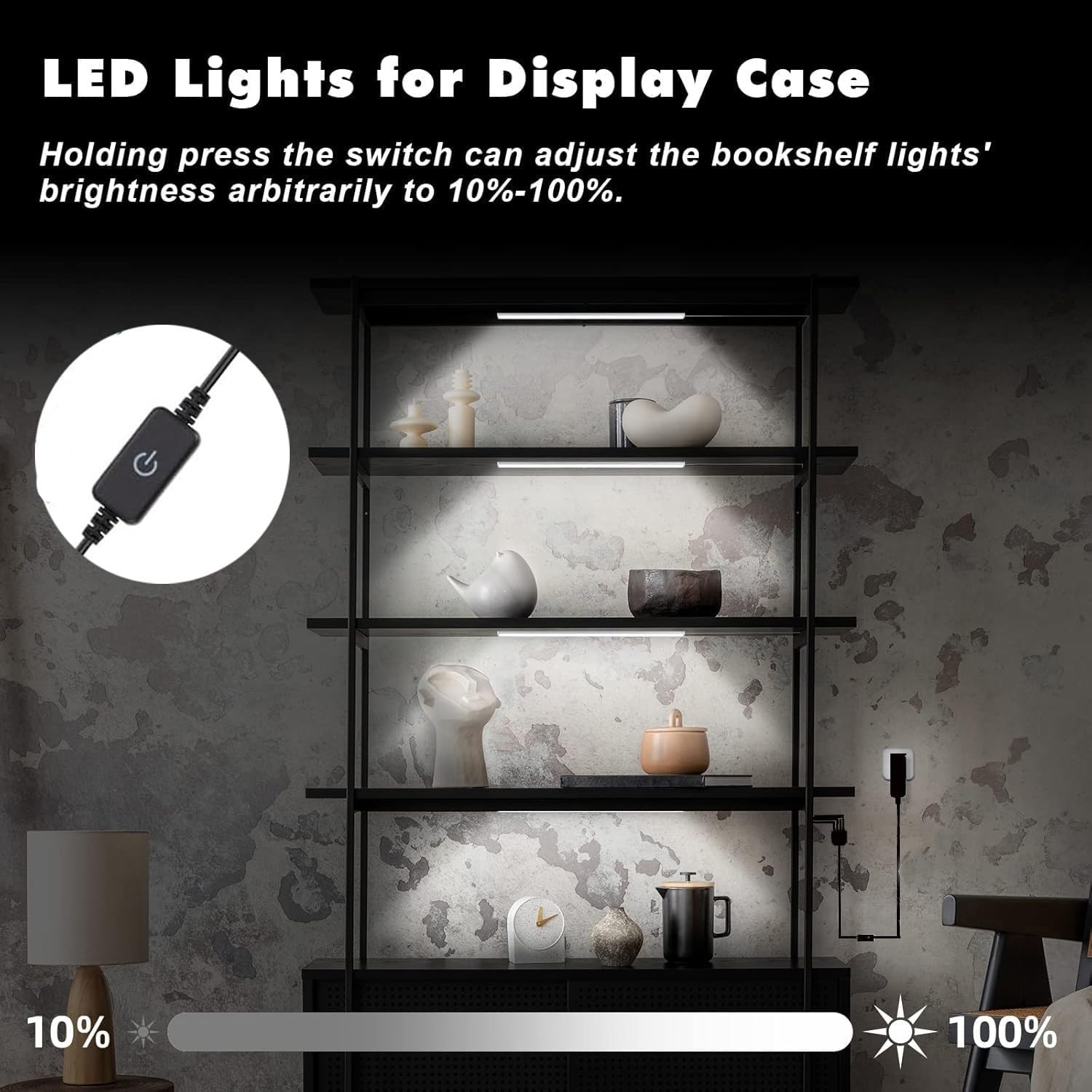 JUSJUBR Black Shell Display Case Lights, LED Lights for Display Case with Memory Function, 4x12 Inch Bookshelf