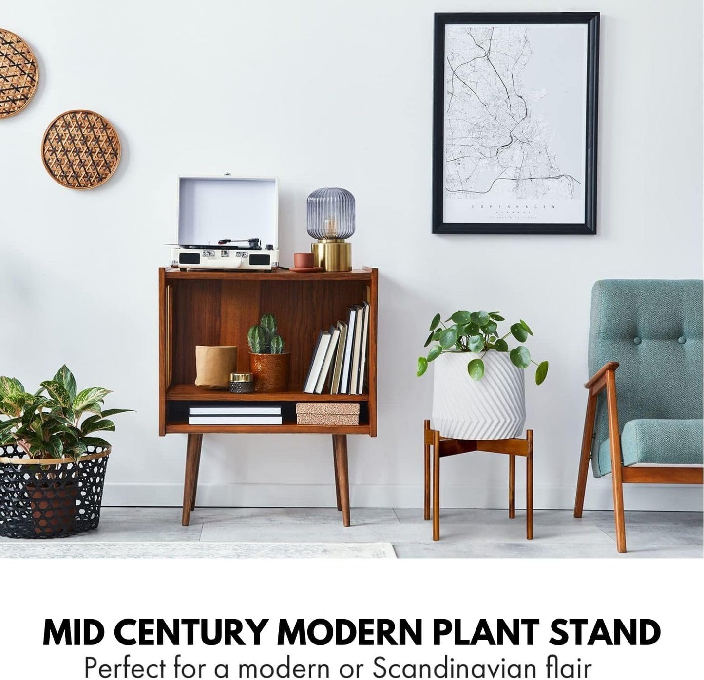 Fox & Fern Mid Century Plant Stands for Indoor Planters, Acacia, 14.9 Inch | Plug In Design, Holds 200 lbs, Two High