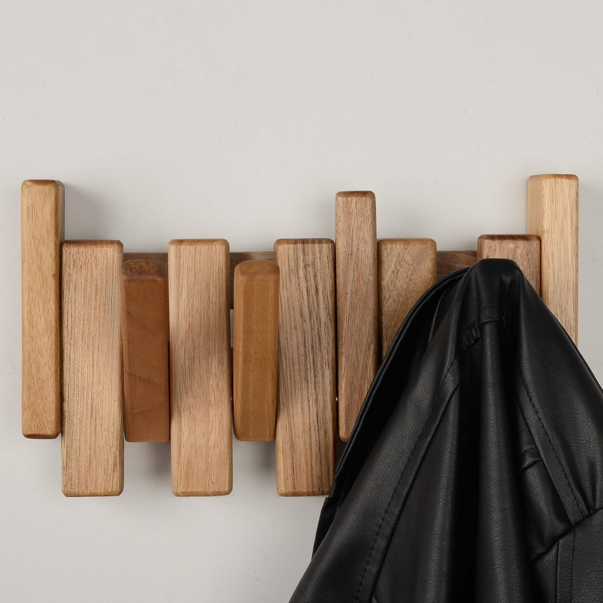 Walnut Piano Key Coat Rack with 4 Flip Hooks | Solid walnut wall-mounted coat rack with 4 flip hooks for coats, hats
