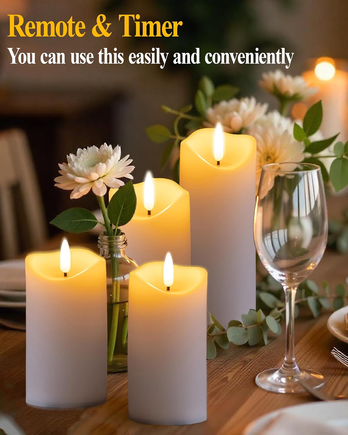 Gmnee 9-Pack Flickering Flameless Candles with Remote Timer, LED, Real Wax | 2" Diameter White Pillar Candles, Fake